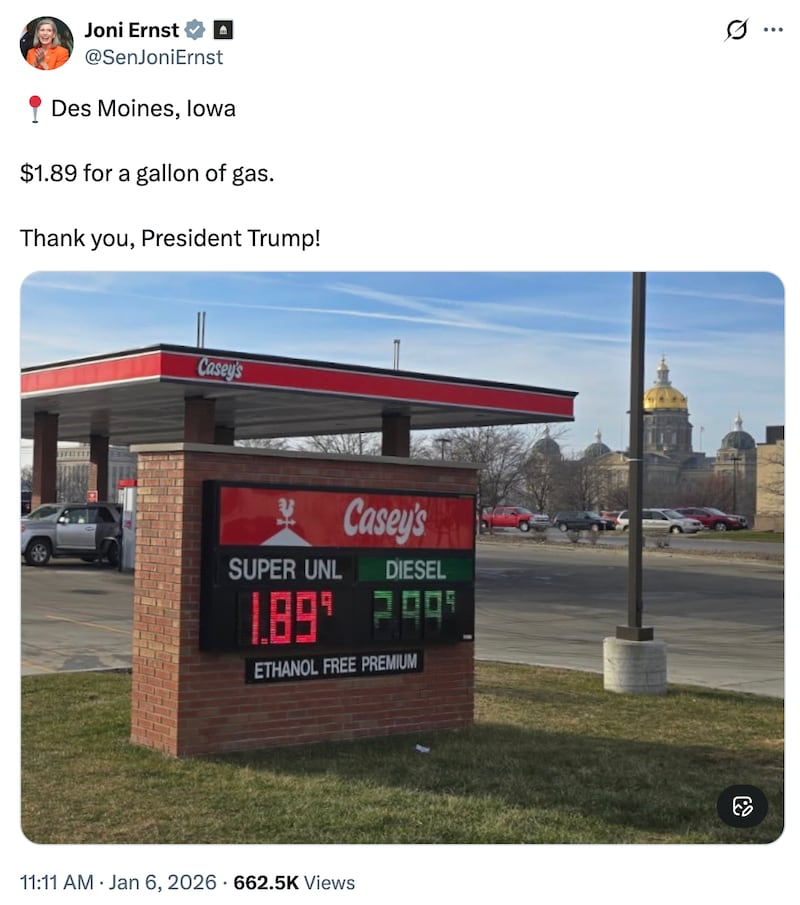 Republican Sen. Joni Ernst touted low gas prices in January. Now, her state’s average price for a gallon of gas is $3.