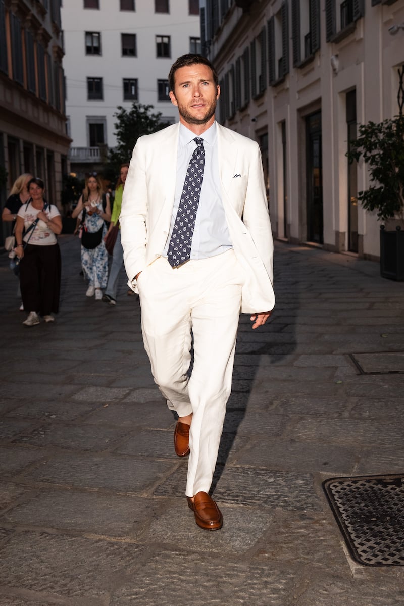 MILAN, ITALY - JUNE 19: Scott Eastwood is seen arriving at Ralph Lauren dinner during the Milan Fashion Week - Menswear Spring/Summer 2027 on June 19, 2026 in Milan, Italy. (Photo by Andrea Cremascoli/GC Images)