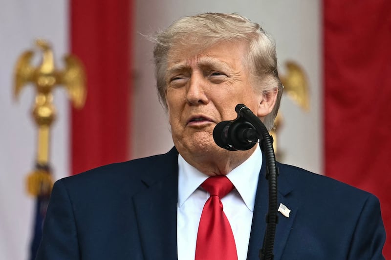 President Donald Trump speaks during the National Memorial Day Observance at the Memorial Amphitheatre in Arlington National Cemetery in Arlington, Virginia on May 25, 2026.
