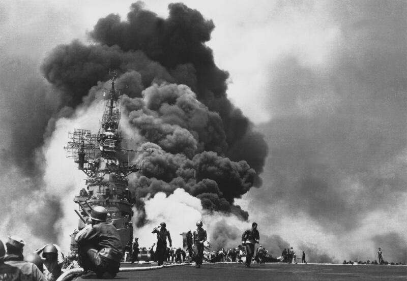 Two kamikaze pilots struck the USS Bunker Hill during the Battle of Okinawa on May 11, 1945.