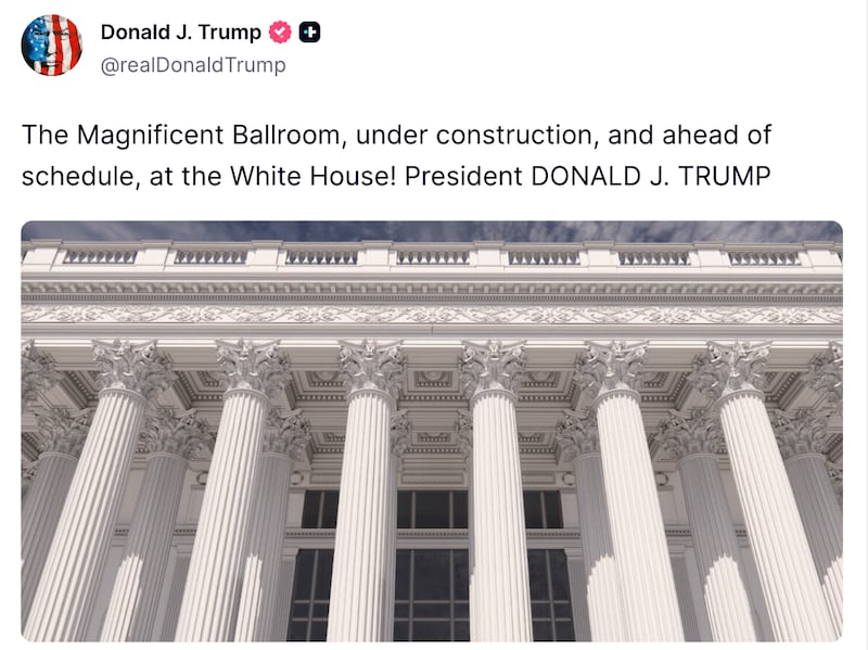 Donald Trump Truth Social post about his ballroom