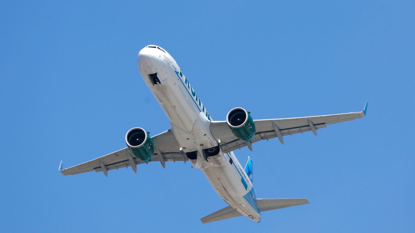 A Frontier Airlines Airbus A321-271NX aircraft departs San Diego International Airport en route to San Francisco on June 28, 2024