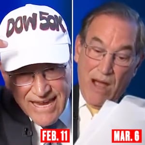 A composite of CNBC’s Rick Santelli wearing a hat he made in honor of the Dow Jones hitting 50,000 for the first time in Feb. 2026 and CNBC’s Rick Santelli on March, 6, 2026 reading the Bureau of Labor Statistics February jobs report that saw 92,000 jobs lost in the United States.