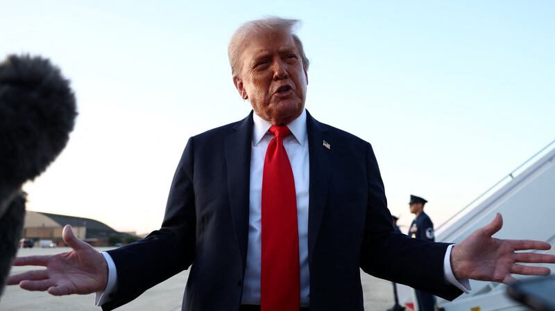 U.S. President Donald Trump speaks to the press at Joint Base Andrews after attending the U.S. Open men's tennis final, in Maryland, U.S., September 7, 2025.