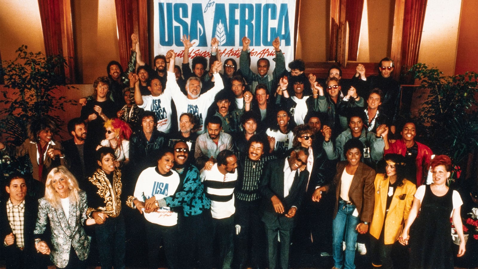 An archival picture of all the singers from We Are the World