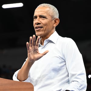 Barack Obama speaks at the Veterans Memorial Coliseum at Alliant Energy Center in Madison, Wisconsin, on October 22, 2024.