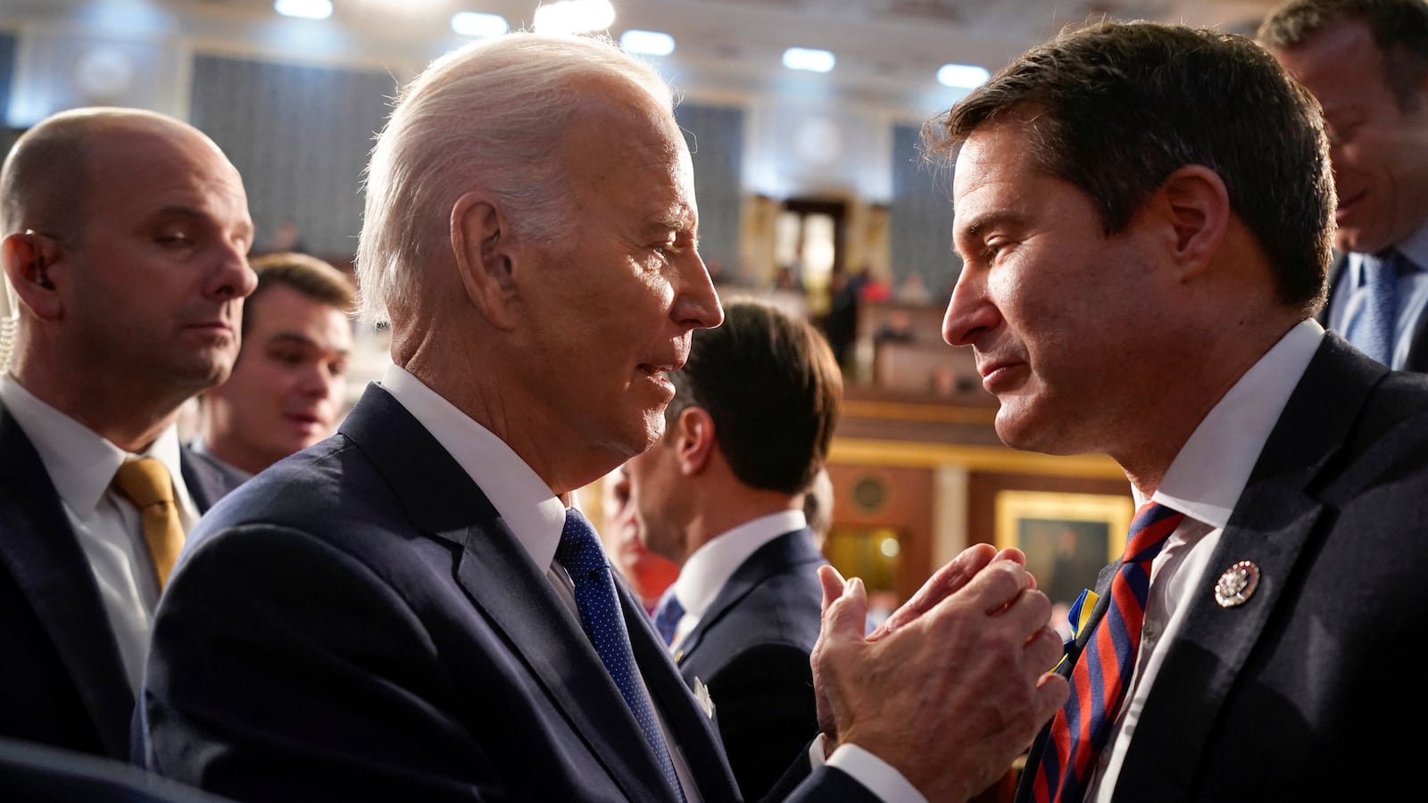 Joe Biden speaks with Seth Moulton