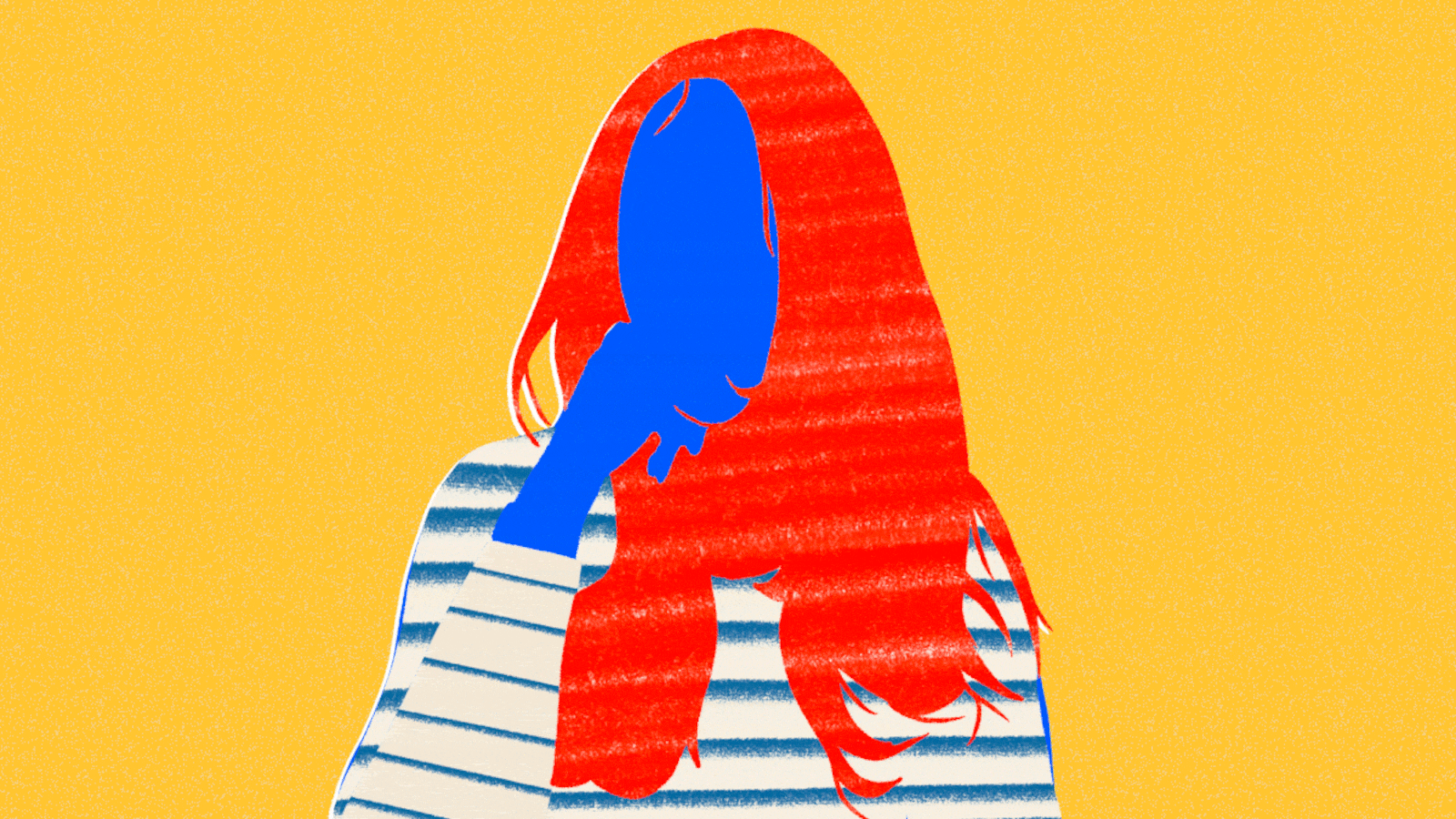Blue woman with striped shirt flipping red hair over her shoulder and a twinkle with her smile on a yellow background