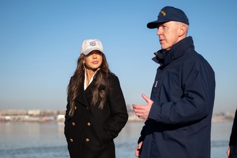Secretary of Homeland Security Kristi Noem and Adm. Kevin Lunday, acting Commandant of the Coast Guard, discuss response efforts to the aircraft incident on the Potomac River on January 30, 2025 in Washington, DC.