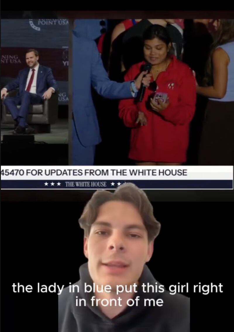 The student claims that when he bent down to speak to another attendee, a staff member directed another student to ask the next question of Vice President JD Vance, cutting him.