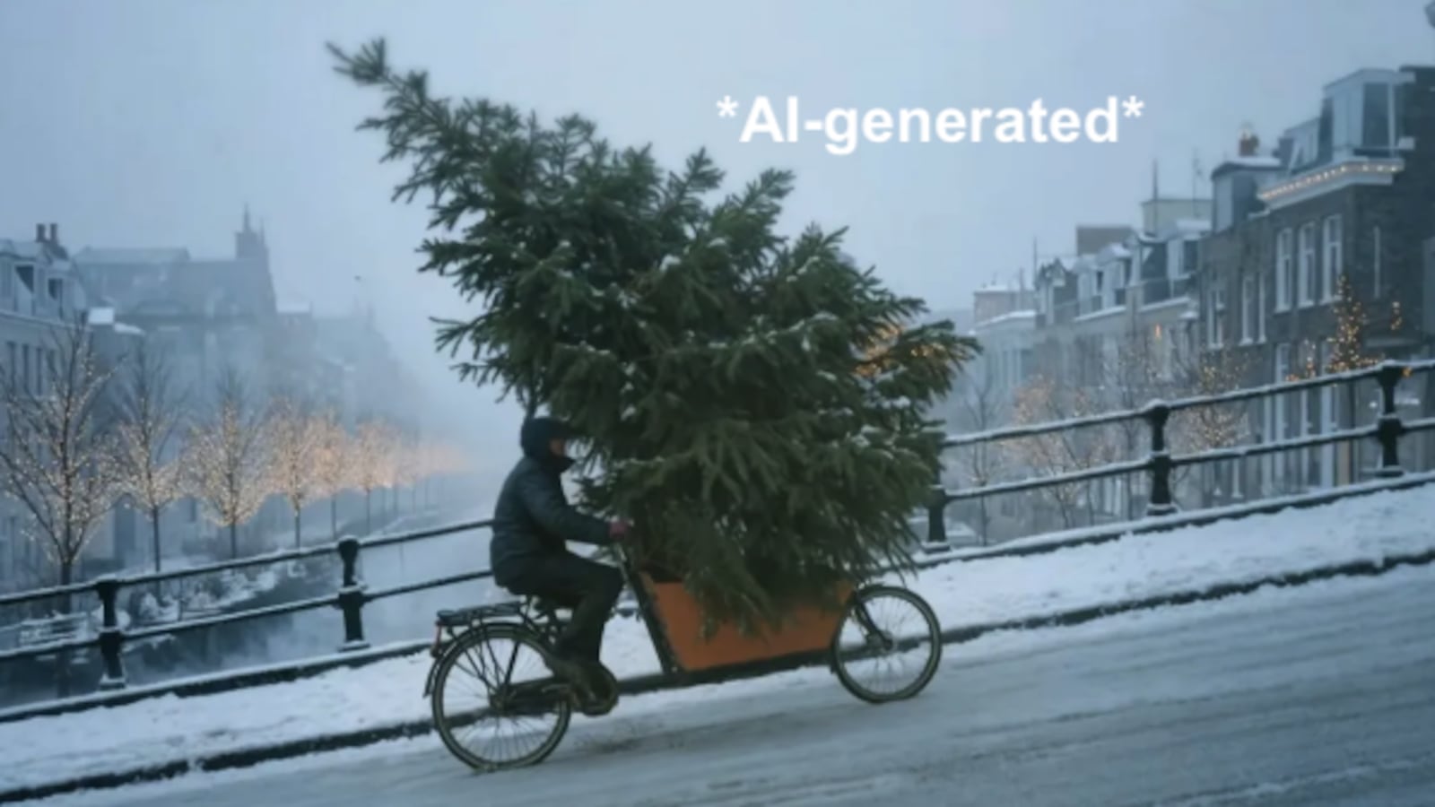 Photo still of an AI-generated man riding a bicycle up a hill with a Christmas tree in the basket.