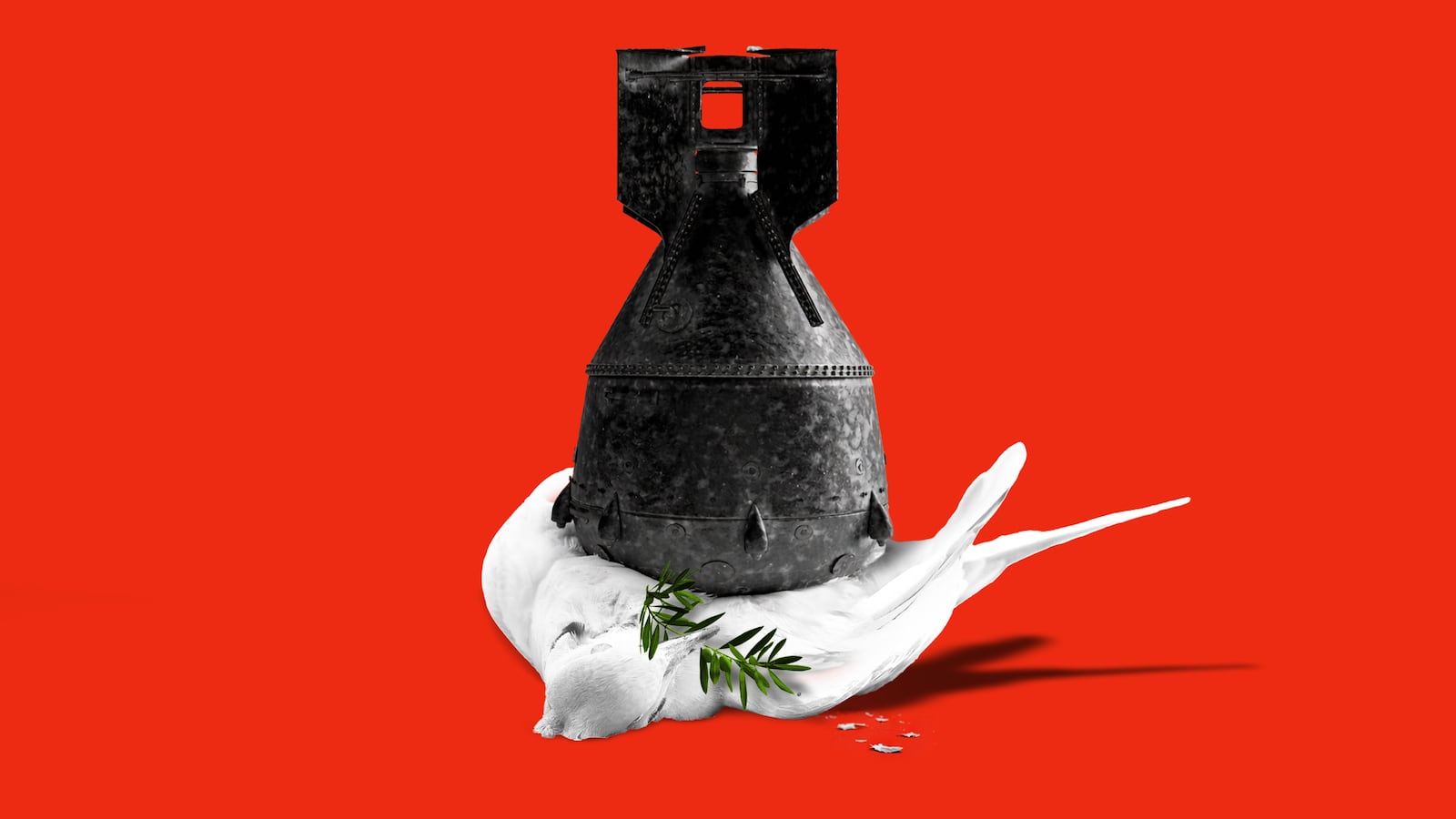 A dead dove being crushed by an atomic bomb holding an olive branch in its mouth