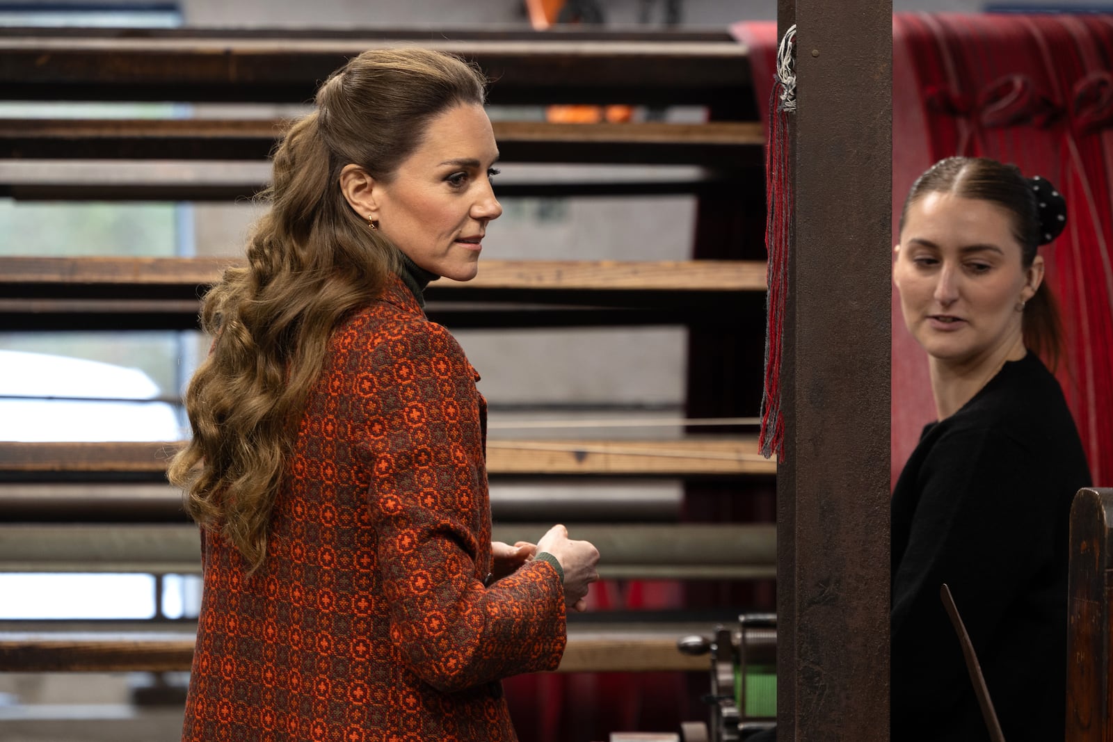 Catherine, Princess of Wales, visits Melin Tregwynt, a woollen mill weaving traditional Welsh designs on February 3, 2026, in Castlemorris, Wales.