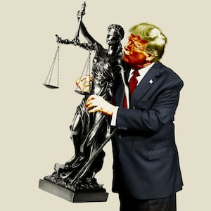 Donald Trump hugging and kissing a statue of Lady Justice
