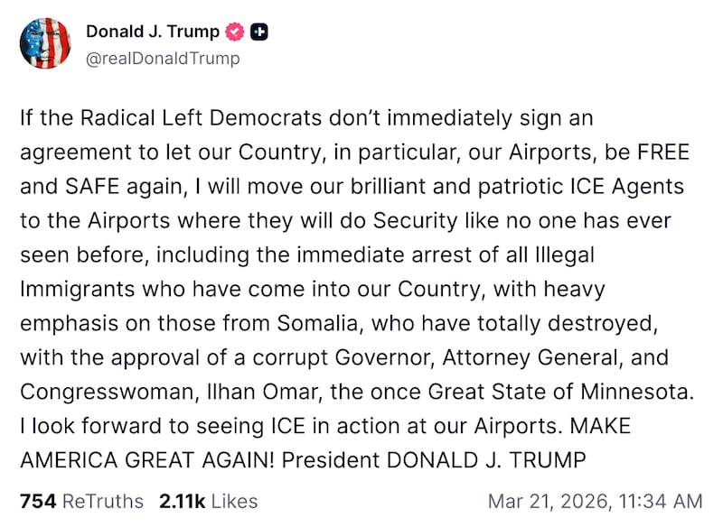 Donald Trump, 79, threatened to send ICE to assist in airport security lines amid TSA shortage during partial government shutdown in a Truth Social post.