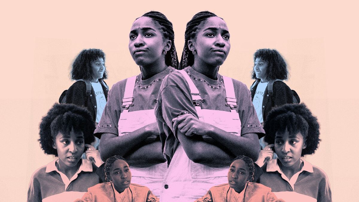 A photo illustration that shos Ayo Edebiri in Bottoms, The Bear, Theater Camp, and Abbot Elementary