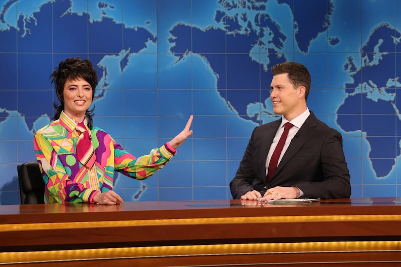 Sarah Sherman and anchor Colin Jost during Weekend Update