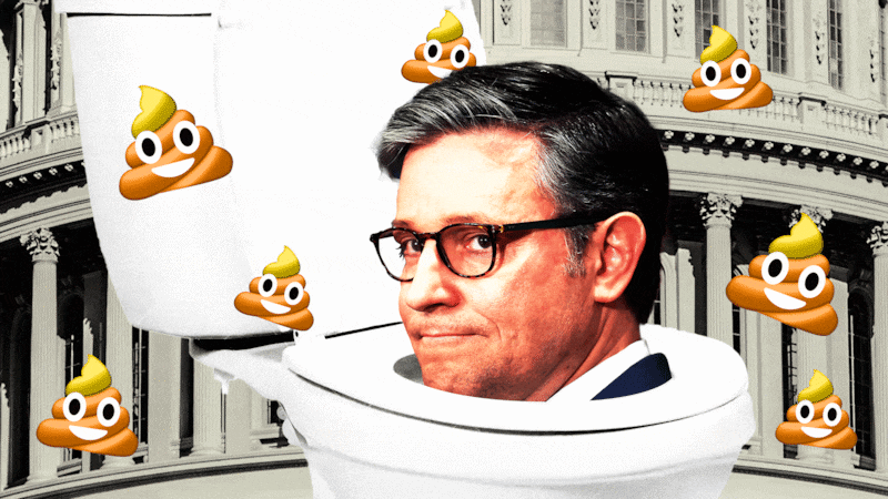 Mike Johnson going up and down in a toilet with Donald Trump colored poop emojis in from the of the Capitol building