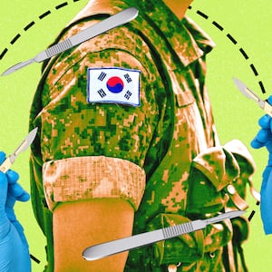 A photo illustration illo for The Looker of a South Korean soldier and scalpels.