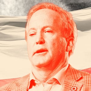 Illo illustration of Donald Trump's official portrait behind a Texas flag featuring James Talarico and Ken Paxton