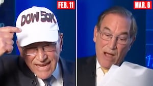 A composite of CNBC’s Rick Santelli wearing a hat he made in honor of the Dow Jones hitting 50,000 for the first time in Feb. 2026 and CNBC’s Rick Santelli on March, 6, 2026 reading the Bureau of Labor Statistics February jobs report that saw 92,000 jobs lost in the United States.