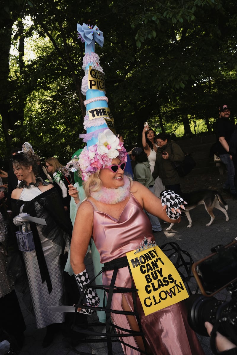Jen Shoemaker, 45, a caterer living on the Upper East Side, protests the Met Gala, the star-studded fundraiser known for its extravagant fashion and high-profile guests, in New York City, U.S., May 4, 2026.
