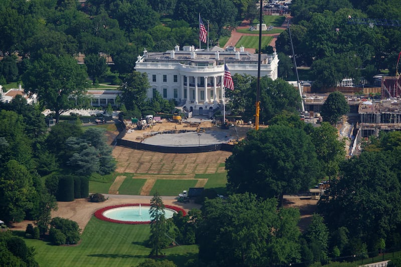 Construction continues on a new helipad on the South Lawn of the White House to accommodate new Sikorsky VH-92A Patriot helicopters that will be used as Marine One on July 2, 2026 in Washington, DC.