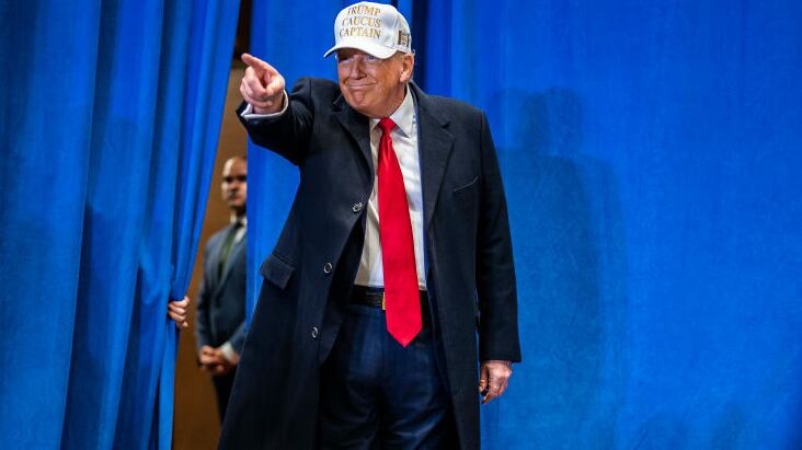 Republican presidential candidate former president Donald Trump walks out to speak at a campaign rally held at Simpson College in Indianola, Iowa on Sunday, January 14, 2023.