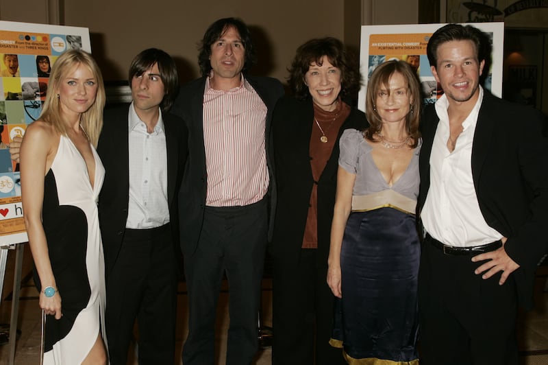 Naomi Watts, Jason Schwartzman, director Mark O. Russell, Lily Tomlin, French actress Isabell Huppert and Mark Wahlberg, stars of the new film "I Heart Huckabees" pose at the film's premiere