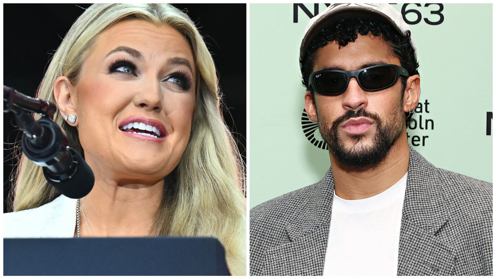 Left: Erika Kirk, widow of Charlie Kirk and CEO of Turning Point USA
Right: Puerto Rican musician Bad Bunny