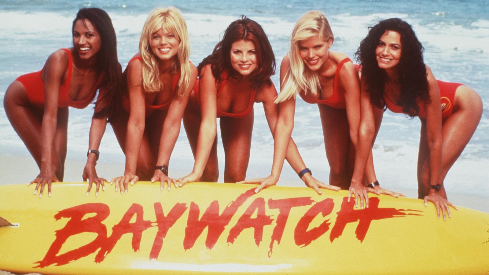 1996 The Girls Of "Baywatch." From L-R: Traci Bingham, Donna D'Errico, Yasmine Bleeth, Gena Lee Nolin And Nancy Valen. Baywatch