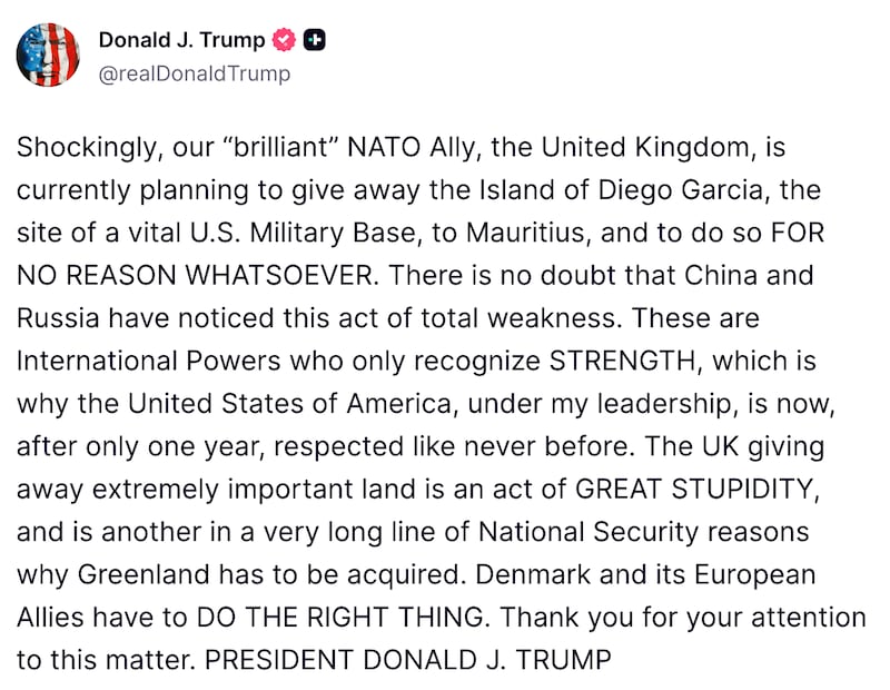 Screengrab of Donald Trump's Truth Social post.