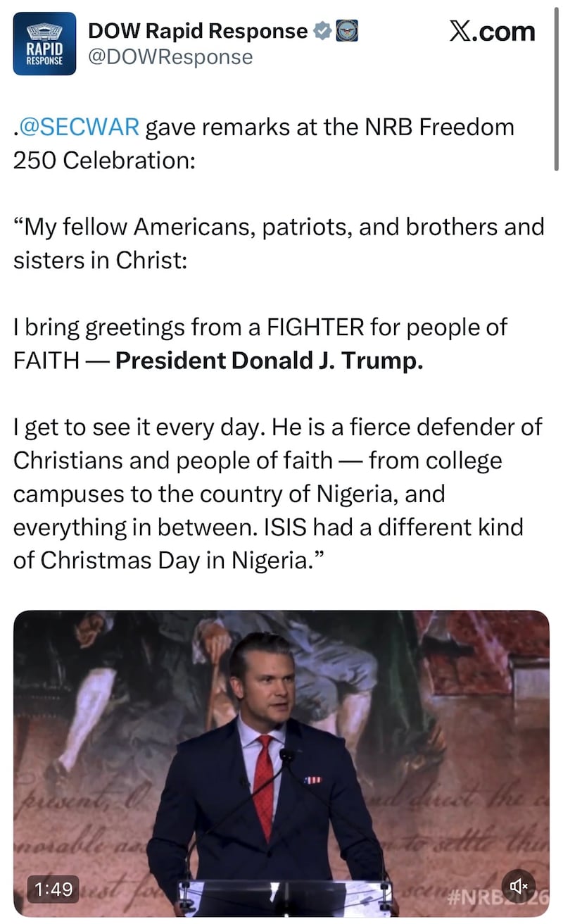 The Pentagon shares Pete Hegseth's speech at the NRB Freedom 250 Celebration.