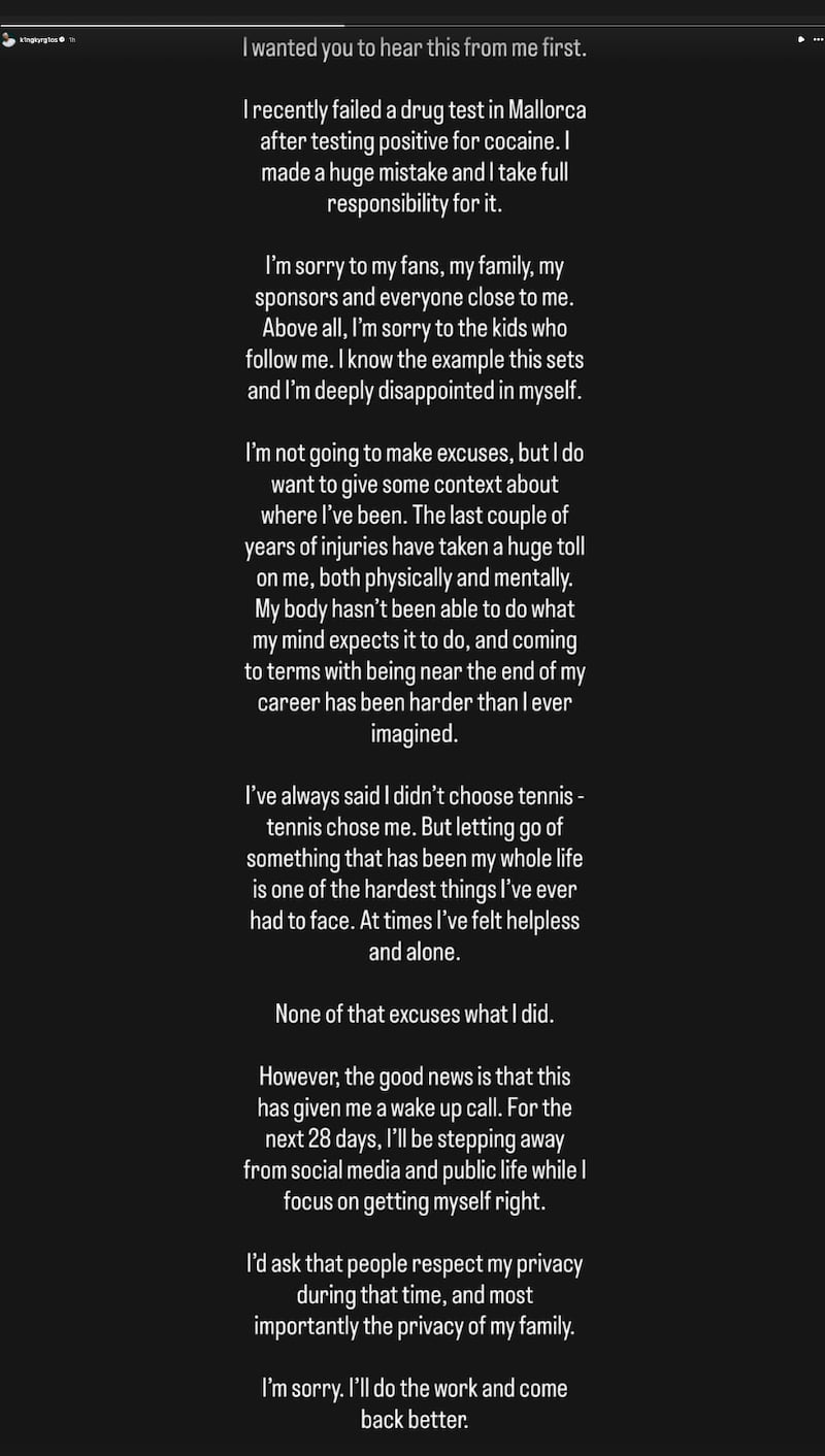 Nick Kyrgios Instagram statement