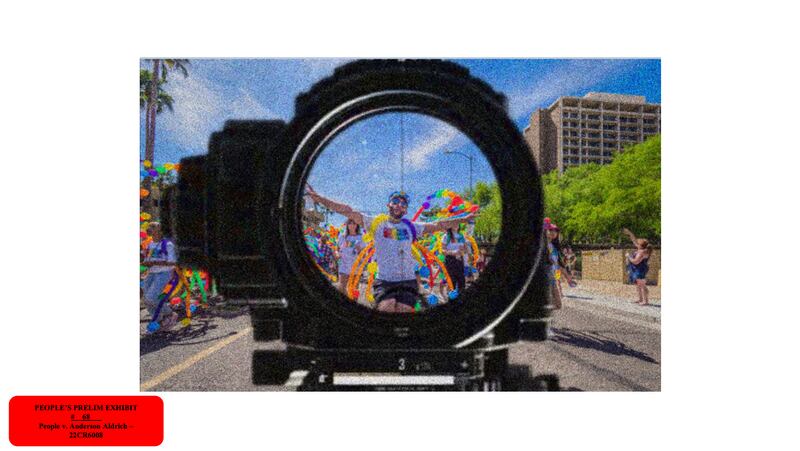 Rifle scope superimposed over gay pride parade attendee