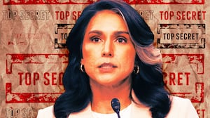 A photo illustration of Tulsi Gabbard in front of top secret stamps.