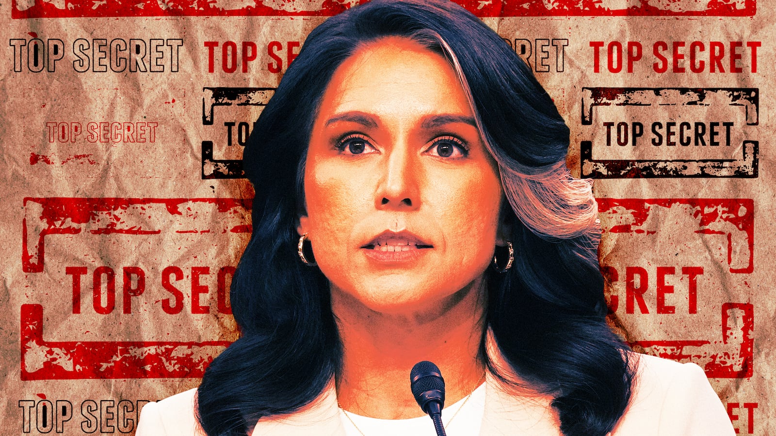 A photo illustration of Tulsi Gabbard in front of top secret stamps.