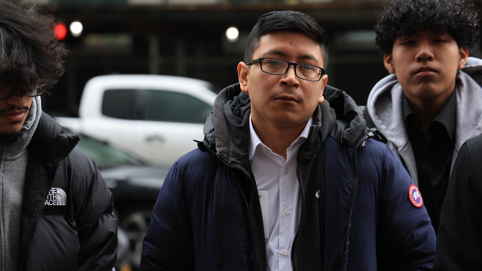 Marco Pina (center), Sergio Rodriguez (left) and Ricardo Cuautle during a press conference outside District Attorney Alvin Bragg's offices in downtown Manhattan Tuesday afternoon, March 5, 2024, in New York City.