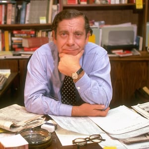 60 Minutes broadcast journalist Morley Safer at his desk in his office at CBS offices.