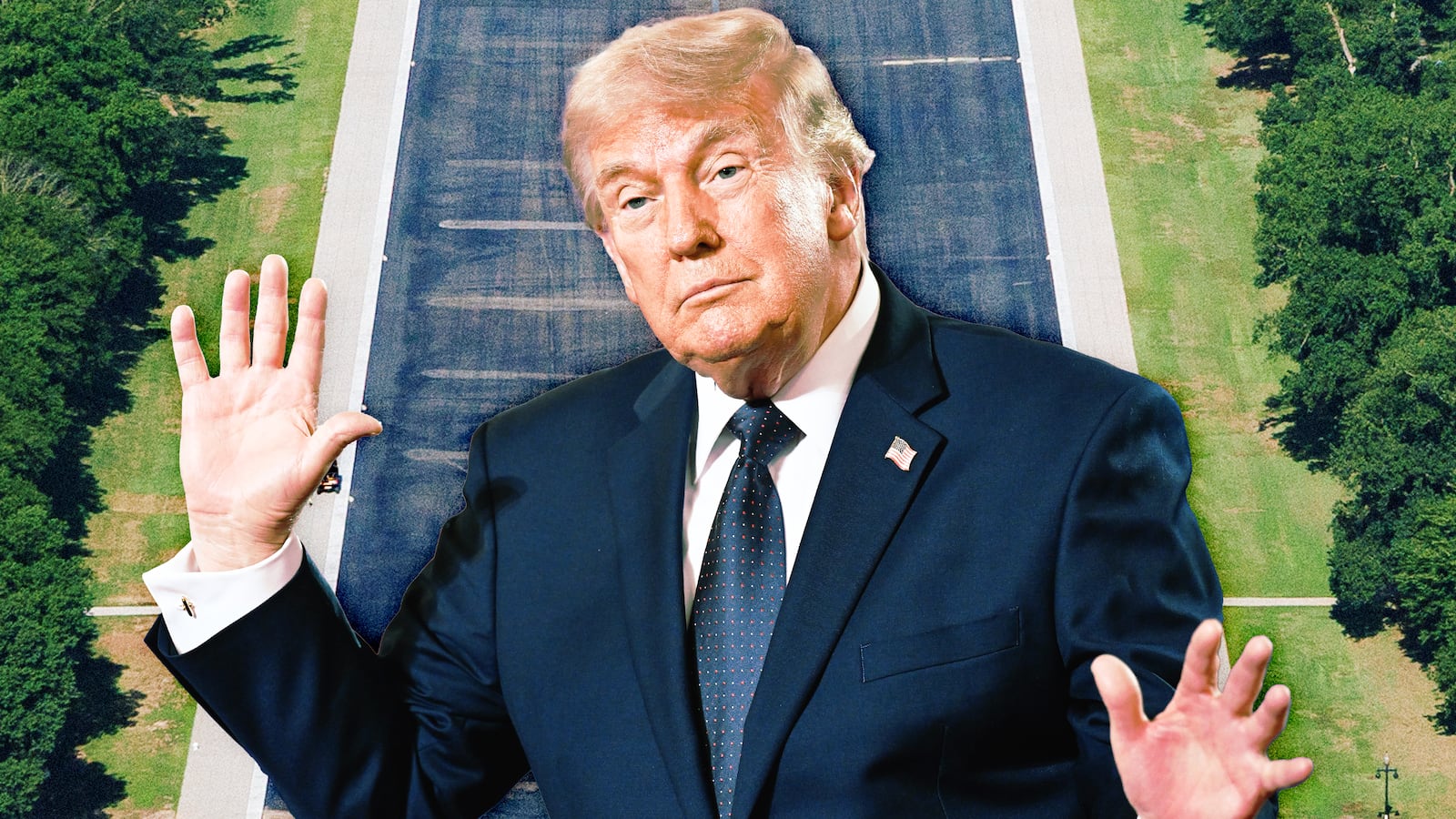 A photo illustration of Donald Trump and the DC Reflecting Pool.