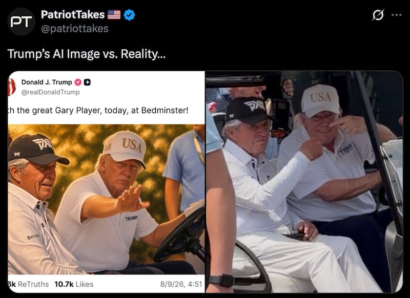 Patriot Takes share two very different photos of Donald Trump and Gary Player.