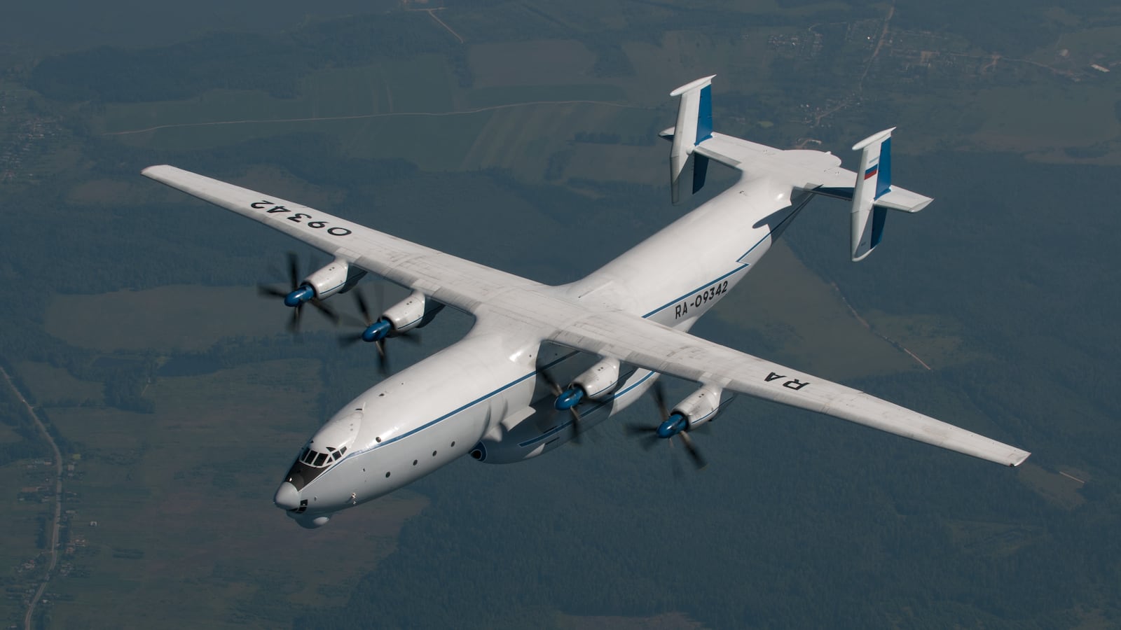The Antonov An-22 (NATO reporting name 'Cock') in the air. The aircraft powered by four turboprops each driving a pair of contra-rotating propellers, the design remains the world's largest turboprop-powered aircraft. Several airframes are still in service with Russian Air Force. (Photo by: aviation-images.com/Universal Images Group via Getty Images)