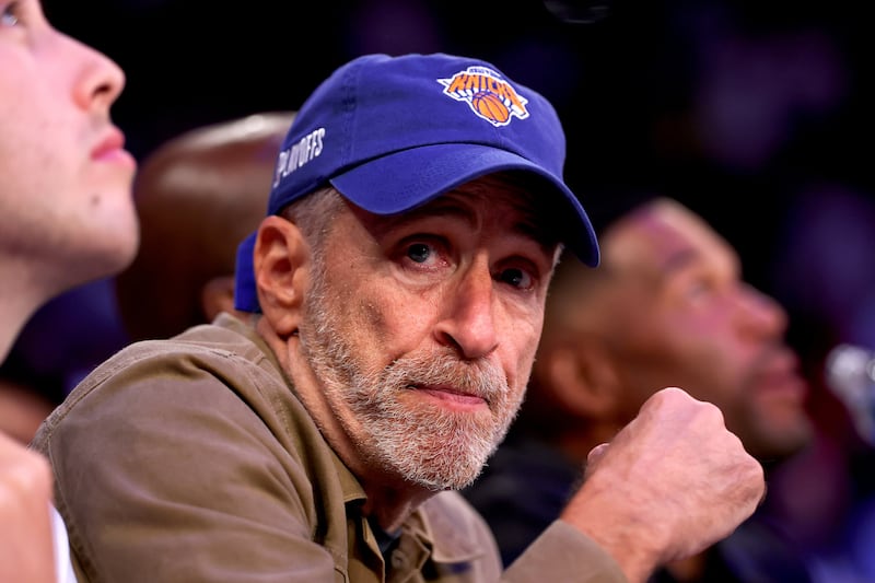 Jon Stewart looks on in Game Six of the Eastern Conference Second Round NBA Playoffs between the New York Knicks and the Boston Celtics at Madison Square Garden on May 16, 2025, in New York City.