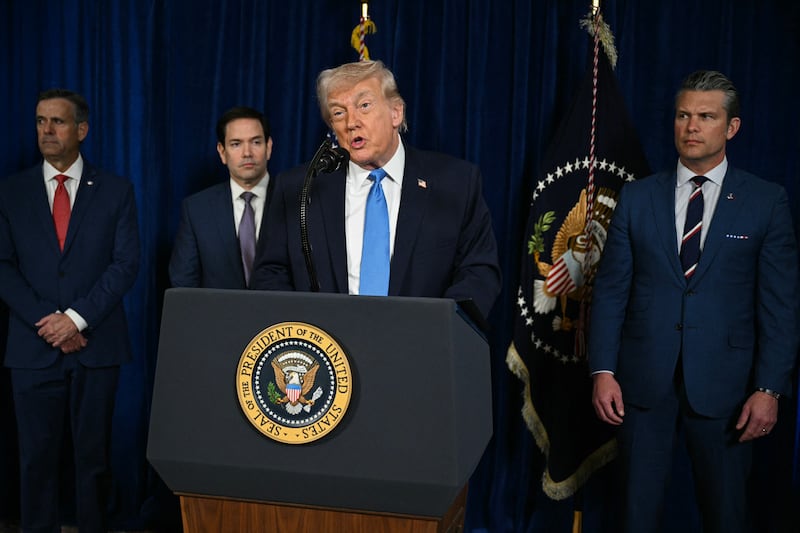 President Donald Trump with CIA Director John Ratcliffe, Secretary of State Marco Rubio and Secretary of Defense Pete Hegseth, speaks to the press following US military actions in Venezuela, at his Mar-a-Lago residence in Palm Beach, Florida, on January 3, 2026.