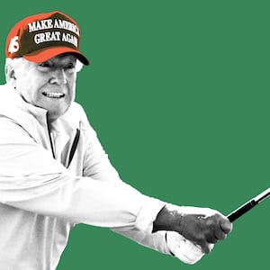 Donald Trump looking nervous while golfing and breaking glass