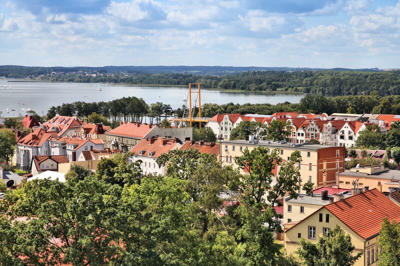 Gizycko, Poland - townscape with lake Niegocin. Lake region Masuria.