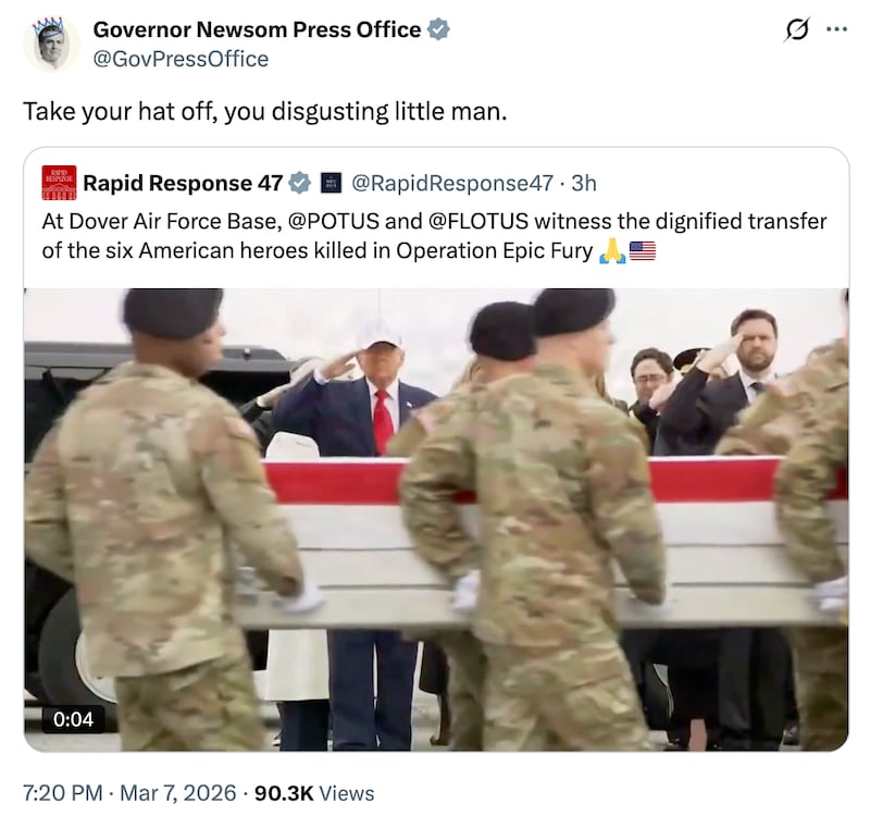 Newsom called Trump a "disgusting little man," for wearing a hat during a dignified transfer of six troops killed in the president's war.