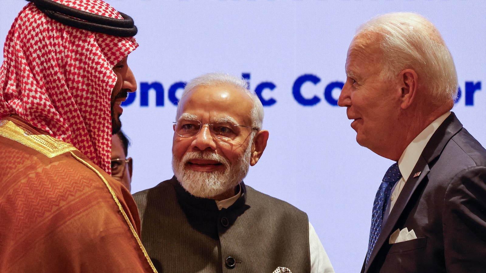 Saudi Arabia's Crown Prince and Prime Minister Mohammed bin Salman (L), India's Prime Minister Narendra Modi (C) and US President Joe Biden.