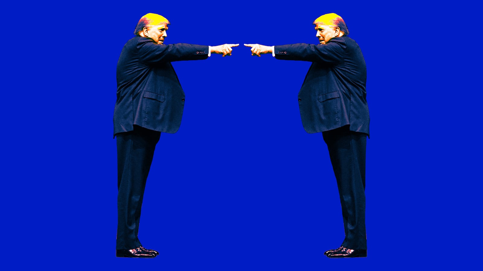 A photo illustration of two identical Donald Trumps pointing at each other.