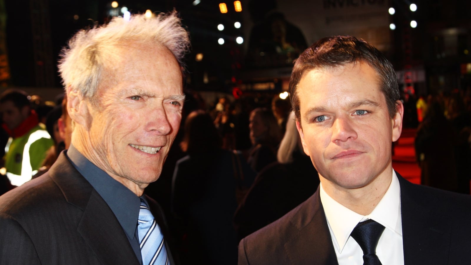 LONDON, ENGLAND - JANUARY 31: Clint Eastwood and Matt Damon attend the UK premiere of Invictus held the at The Odeon West End on January 31, 2010 in London, England. (Photo by Dave Hogan/Getty Images)